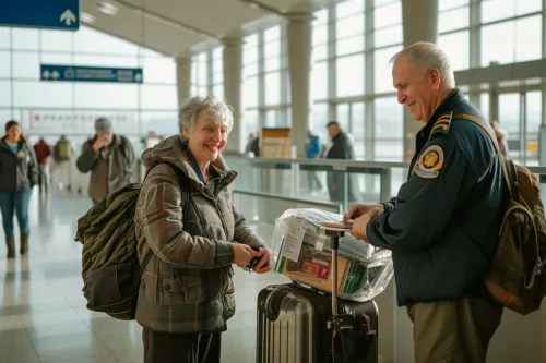 Voyageur préparant ses documents et bagages pour franchir la douane sans stress, en respectant toutes les formalités