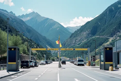 Voyageur consultant un panneau d’informations pour comprendre les règles douanières entre la France, l’Espagne et l’Andorre