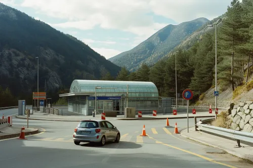 Scène détaillée de controle-douanier-andorre montrant un véhicule arrêté, douaniers vérifiant documents et marchandises