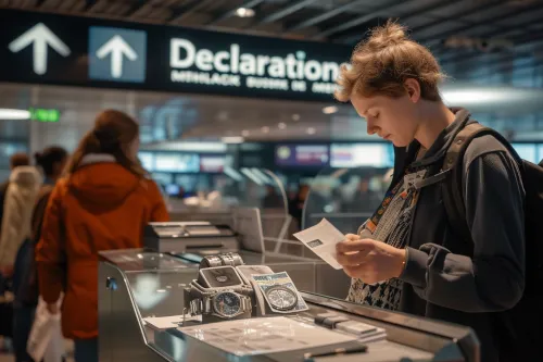 Voyageur présentant à un agent des douanes ses achats de luxe, bijoux et sacs, pour une déclaration conforme aux règles
